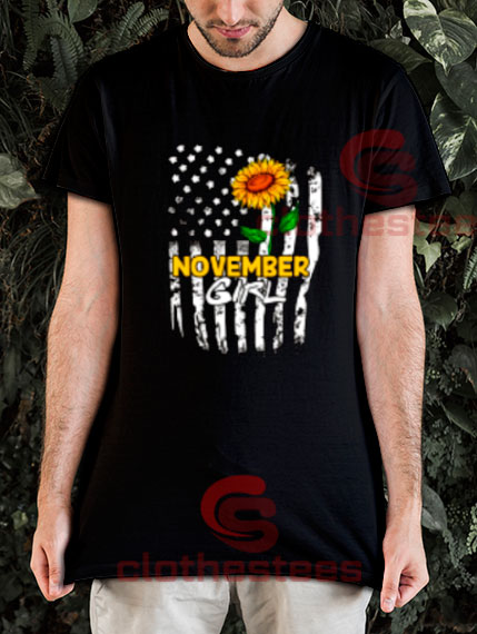 November Girl Sunflower T-Shirt American Flag
